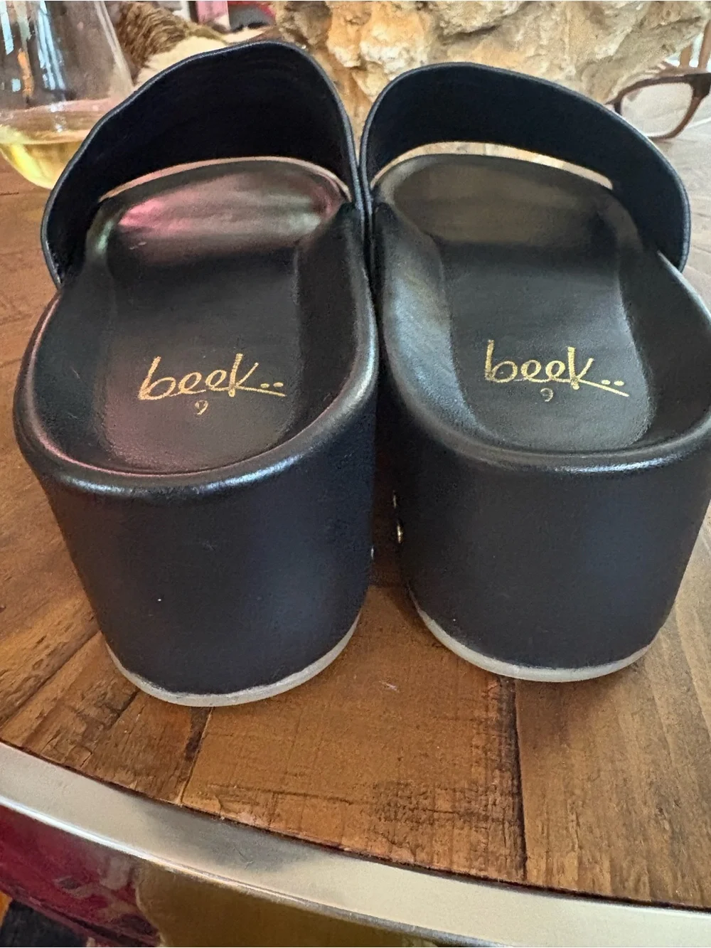 Beek Albatross Black Leather Platform Slides 9